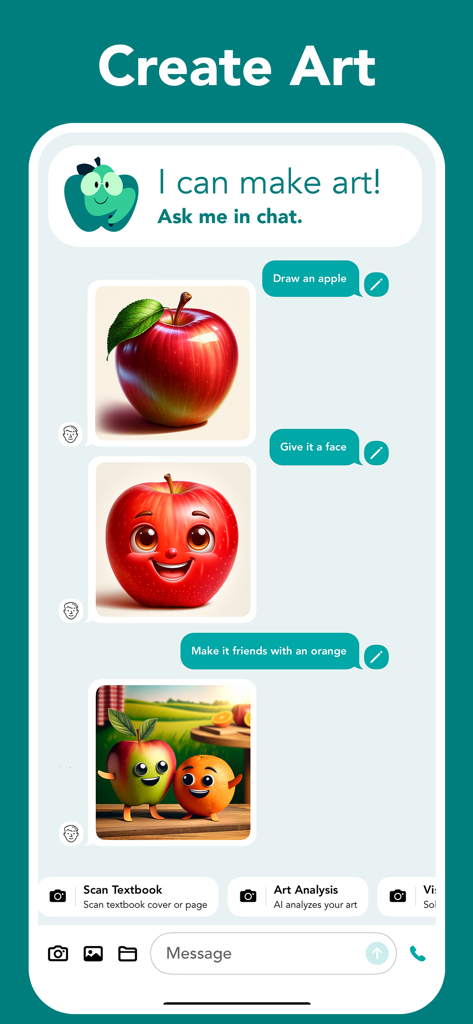 L'interface de chat de l'application StudyAI montre la génération d'art IA avec des invites pour dessiner une pomme et une orange.