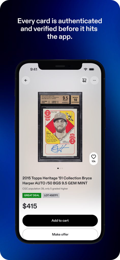 Fanatics Collect - Fanatics Collect app displaying an authenticated sports card for sale with price and grading details