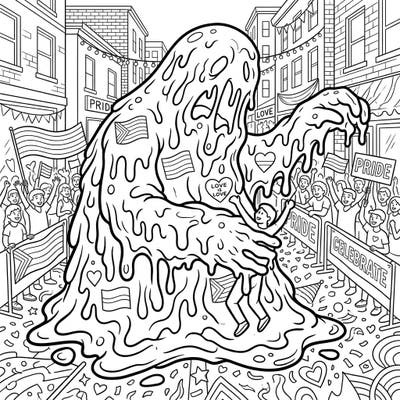 Dive into a truly unique celebration with this Tar Monster Pride Month coloring page. Bring vibrant life to a gooey monster adorned with symbols of love and diversity amidst a festive parade scene.