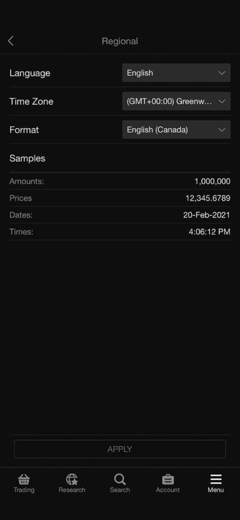 AB Invest Mobile - Regional settings interface in the AB Invest Mobile app for selecting language, time zone, and data formats.