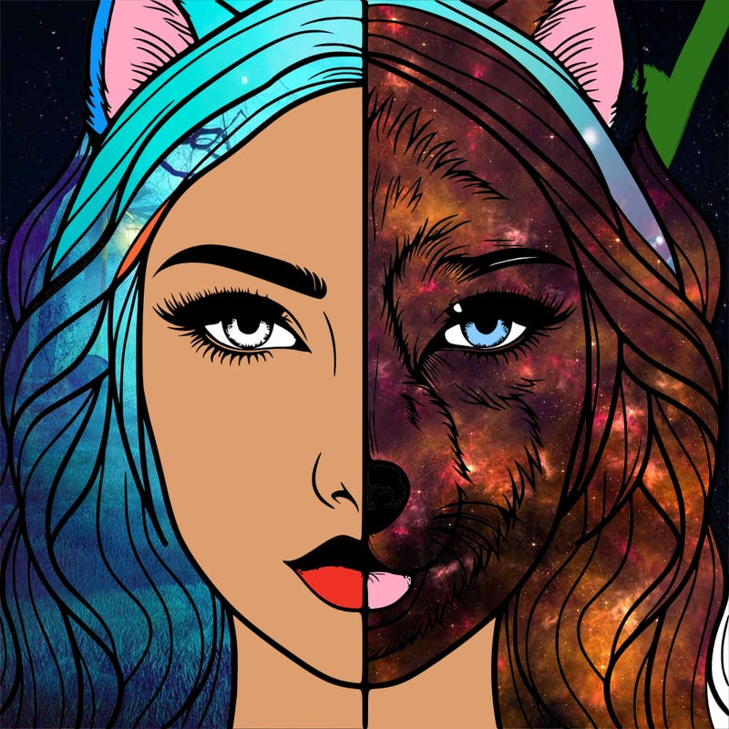 split face realistic woman and wolf