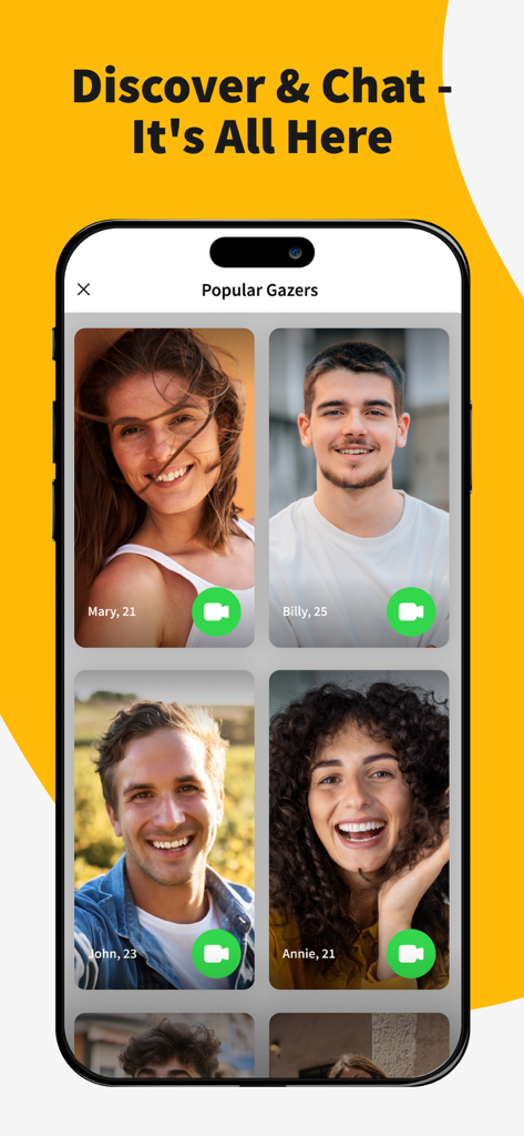 Gaze: Live Video Chat App - Tela de celular exibindo uma grade de perfis de usuários populares no aplicativo de chat de vídeo Gaze com opções para iniciar uma chamada de vídeo.