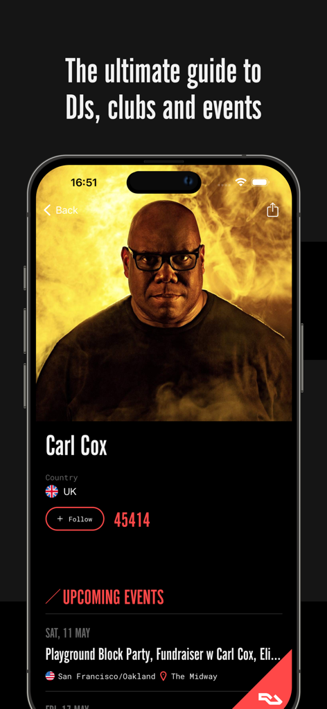 RA Guide app displaying DJ Carl Cox profile with upcoming electronic music events