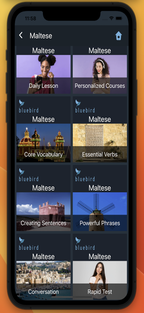 Bluebird: Learn Maltese - Bluebird Learn Maltese app interface showing various course categories like daily lessons vocabulary and verbs