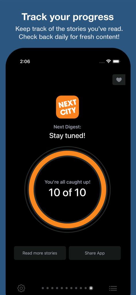 Next City News - Pantalla de la aplicación Next City News mostrando un rastreador de progreso de lectura y un mensaje que dice que el usuario ha completado las 10 de 10 historias leídas.