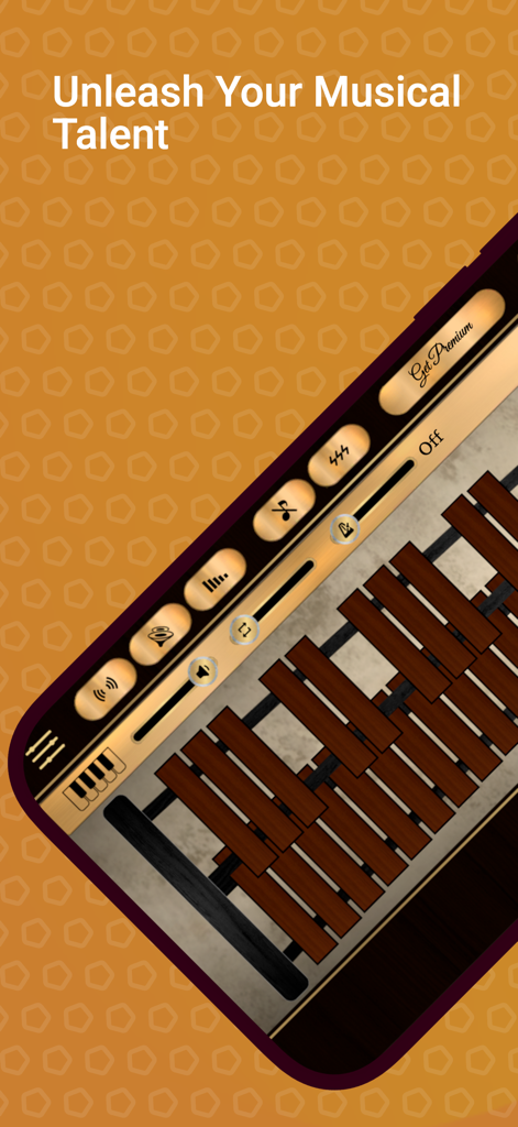 Interfaz de la aplicación Xylophone Sim mostrando barras de madera y controles de afinación profesionales para músicos