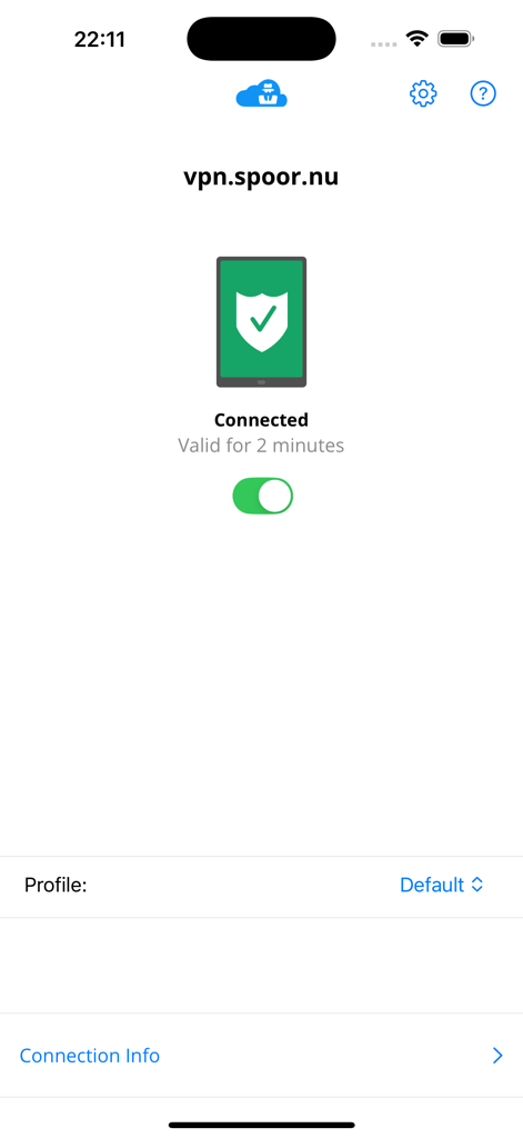 Let's Connect! VPN - Interfaz de la aplicación Let's Connect VPN mostrando una conexión exitosa a un servidor con un icono de escudo verde