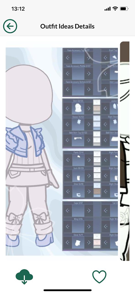 Funny Gacha : Outfit Ideas - Una guía detallada de personalización de atuendos de Gacha que muestra varias categorías de ropa y accesorios