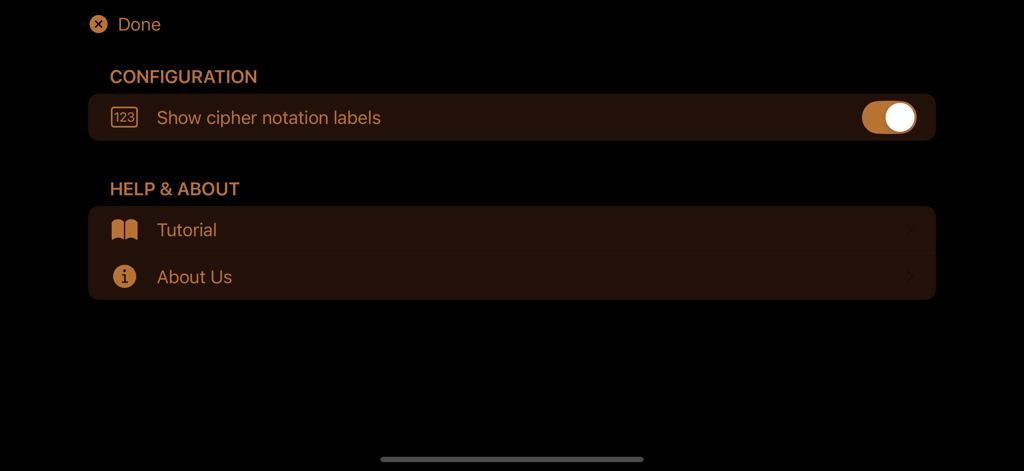 Penyacah - The configuration menu for the Penyacah app featuring a toggle to show cipher notation labels.