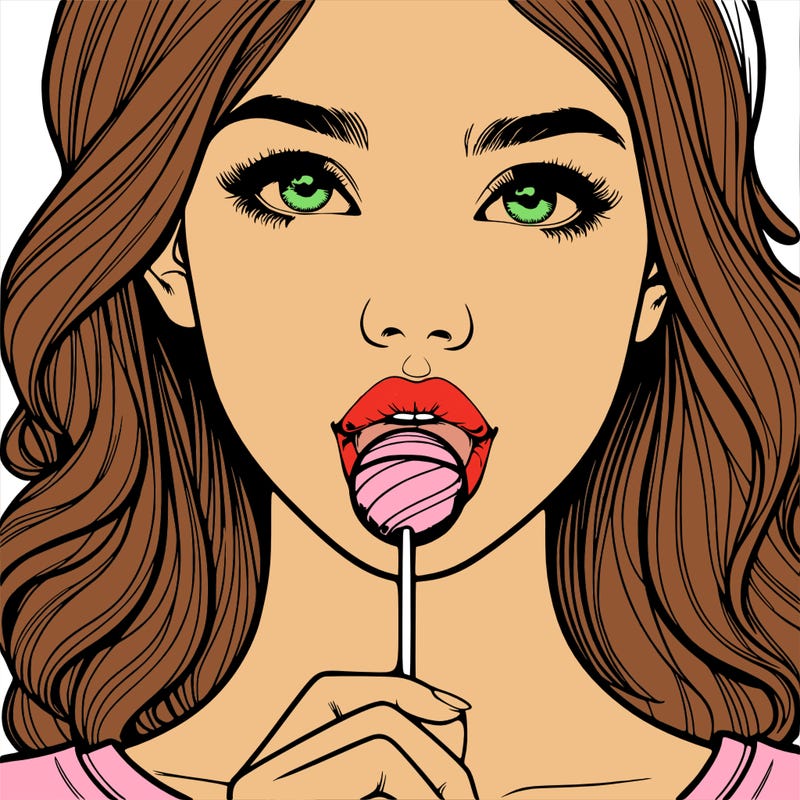 a realistic girl with a lollipop in her mouth
