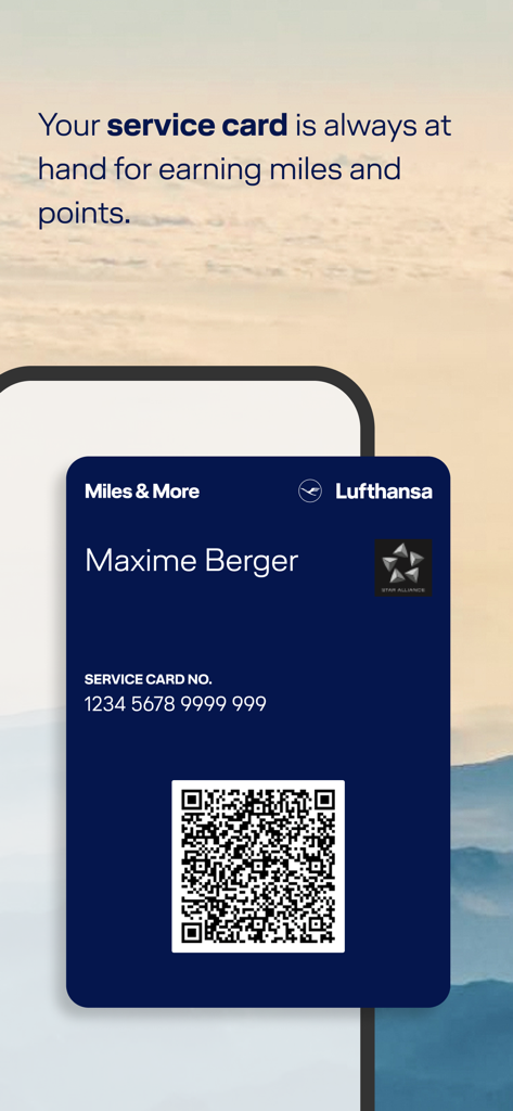 Miles & More - Tarjeta de servicio digital Miles and More con código QR en la pantalla de un teléfono móvil
