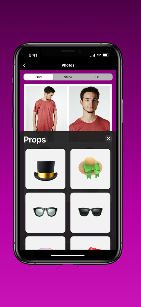 funEvent 360 photo booth - Interface of the funEvent 360 photo booth app showing a selection of digital props like hats and sunglasses