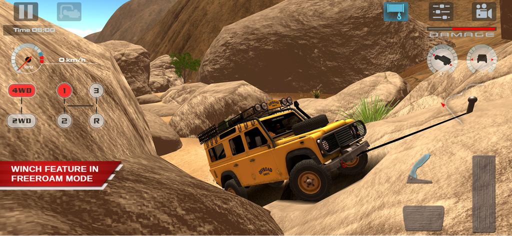 OffRoad Drive Desert - Yellow 4x4 vehicle using the winch feature to climb steep rocks in OffRoad Drive Desert simulation.