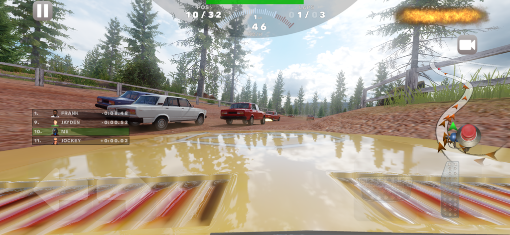 First person view of a car racing on a dirt track in Derby Madness