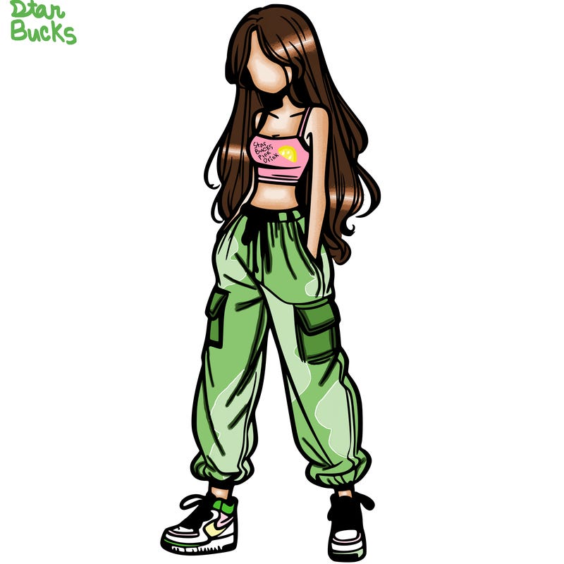 girl in baggy pants crop top and long hair
