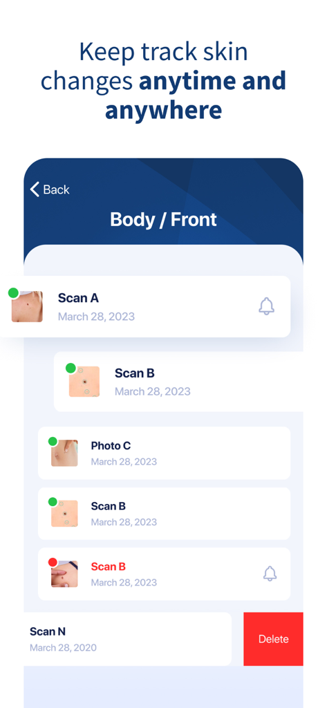 AI Dermatologist: Skin Scanner - Uma interface móvel mostrando uma lista cronológica de escaneamentos e fotos de pele para acompanhar as mudanças ao longo do tempo.