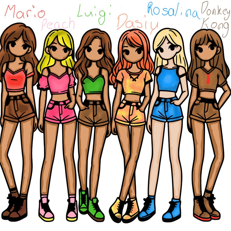 a group of girls wearing crop tops and shorts