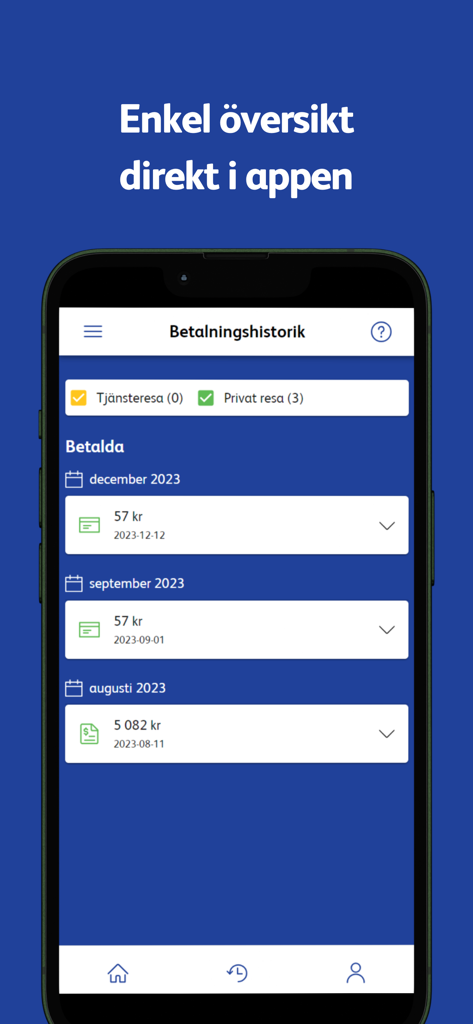 OKQ8 Bilpool - OKQ8 Bilpool app payment history screen showing a list of car sharing transactions by date and price