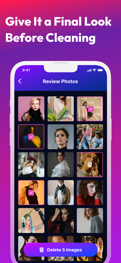 Swipe Cleaner: Clean Up Photos - A screen in the Swipe Cleaner app allowing users to review a grid of selected photos before confirming deletion.