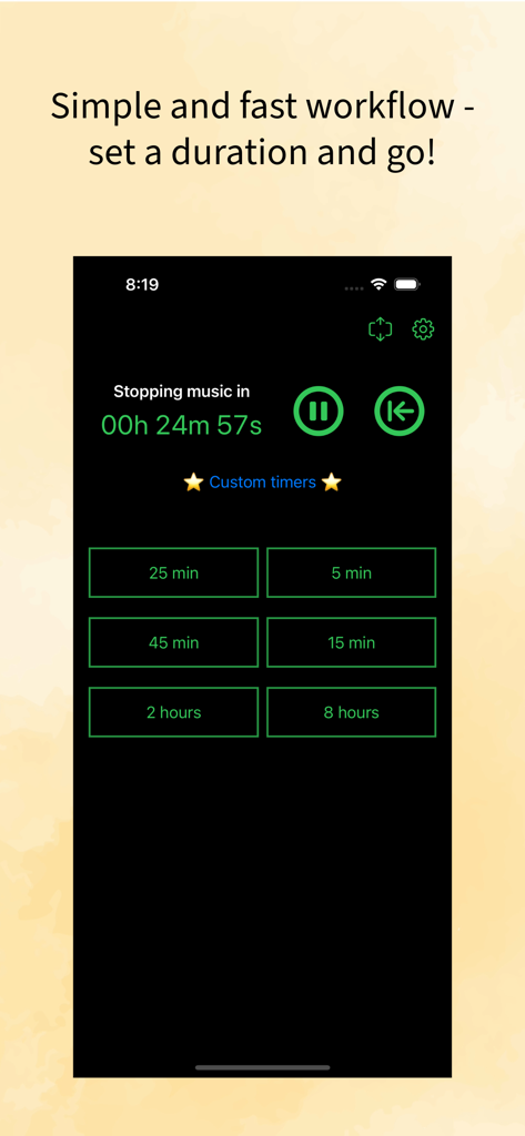Stop Music Timer - A screenshot of the Stop Music Timer app showing an active countdown and preset duration buttons for quick setup.