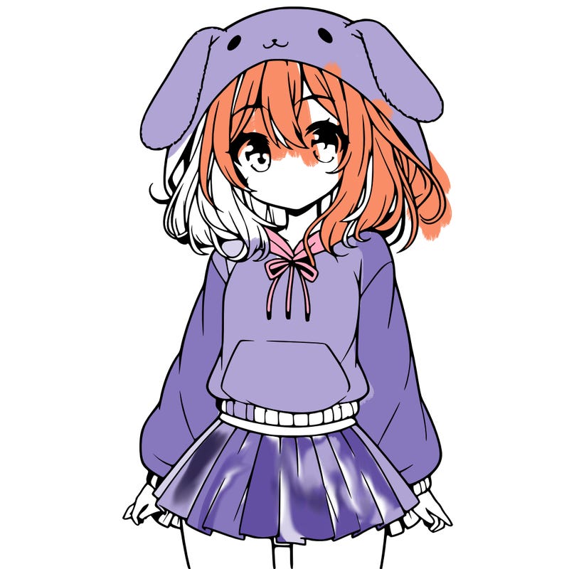 pretty anime girl wearing a fluffy hoodie with bunny ears on the hood and a skirt
