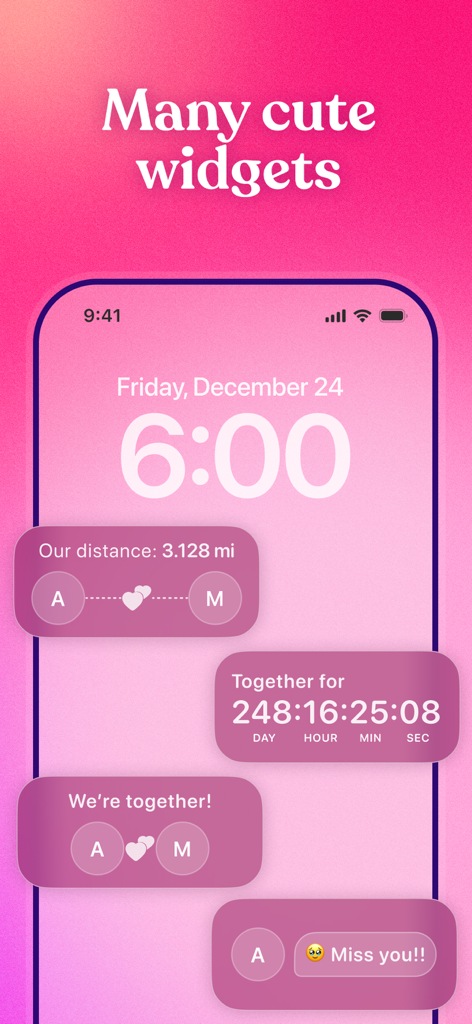 Couple Joy - Relationship App - Couple Joyアプリのかわいいピンク色の様々な恋愛ウィジェットが配置されたiPhoneホーム画面