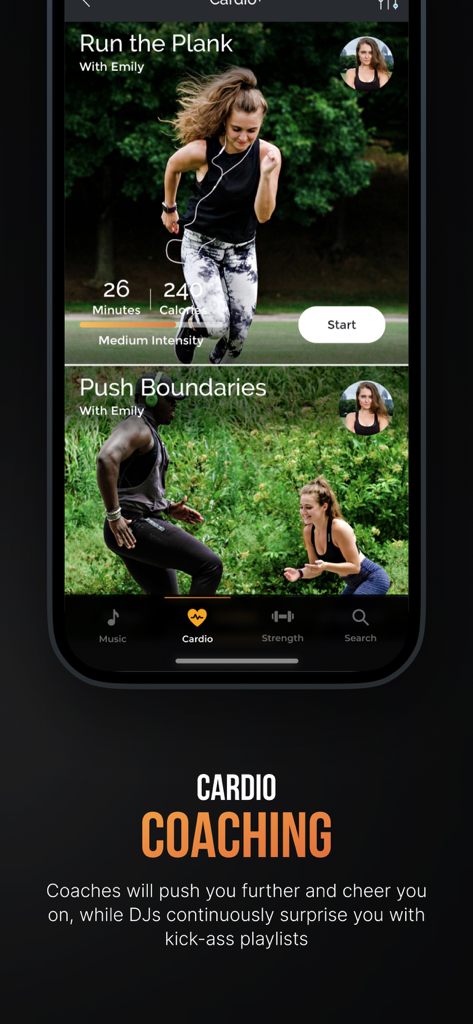 Fit Radio: Train Inspired - Fit Radio app screen featuring cardio coaching workouts and audio guided training with professional DJ mixes