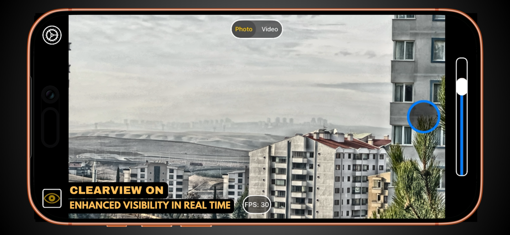 ClearView Pro - ClearView Pro app interface showing real time dehazing and enhanced visibility on a city landscape.