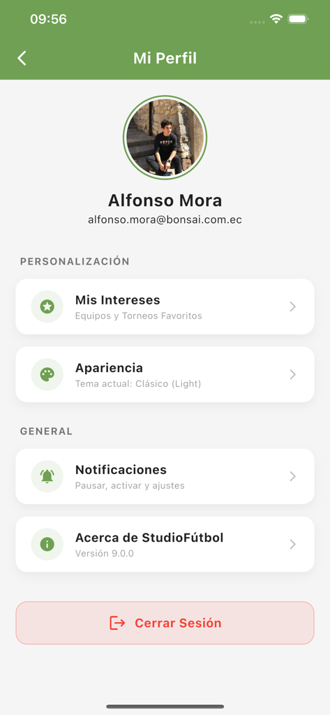 StudioFutbol - Écran du profil utilisateur de l'application StudioFutbol montrant la personnalisation et les options de configuration.