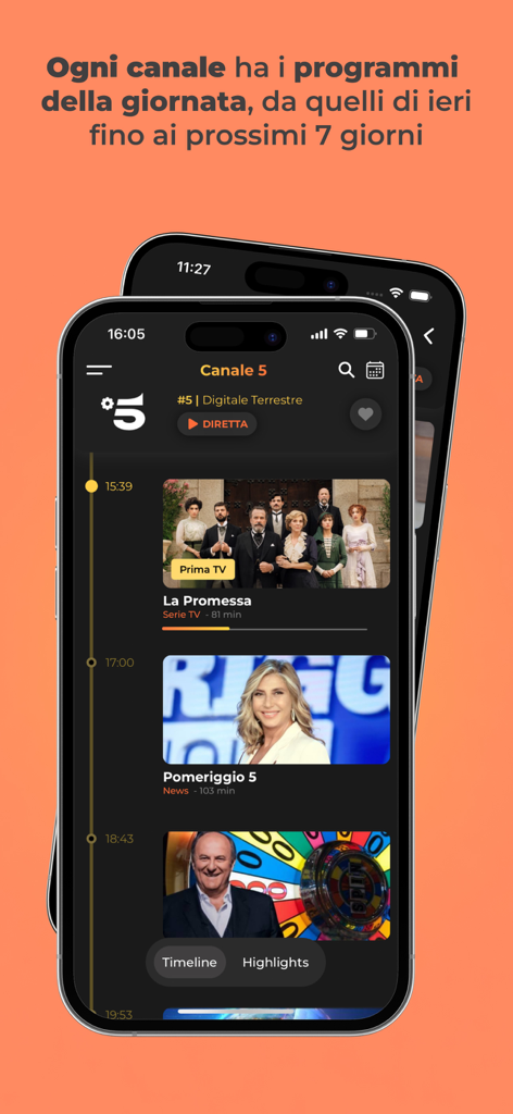 Guida Programmi TV - Interfaz de aplicación móvil que muestra la programación de TV diaria para el canal italiano Canale 5 con imágenes de programas y horarios de emisión.