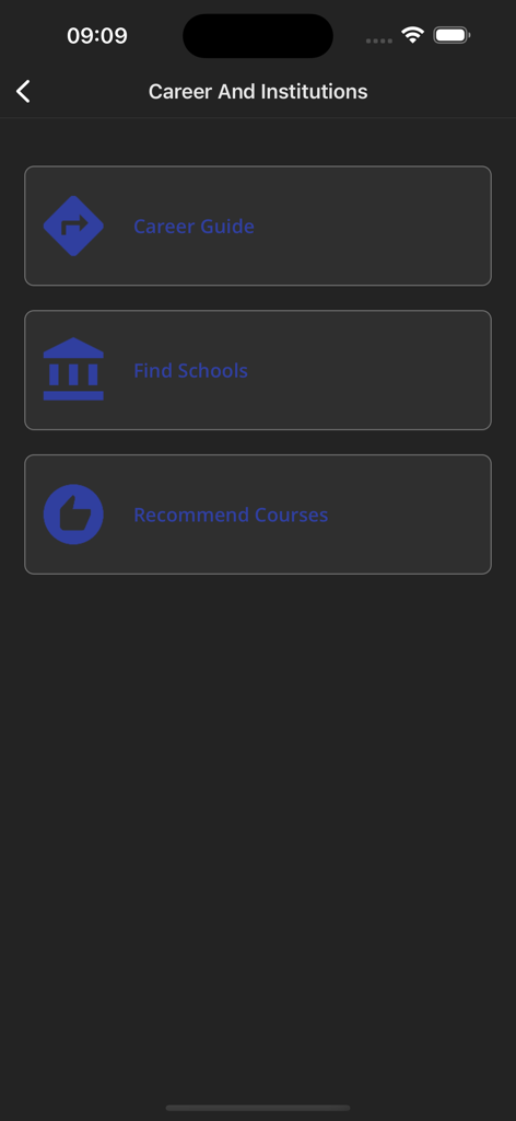 O3SCHOOLS JAMB APP - Captura de pantalla de la aplicación O3SCHOOLS JAMB que muestra el menú Carrera e Instituciones con opciones para Guía de Carrera, Buscar Escuelas y Recomendar Cursos