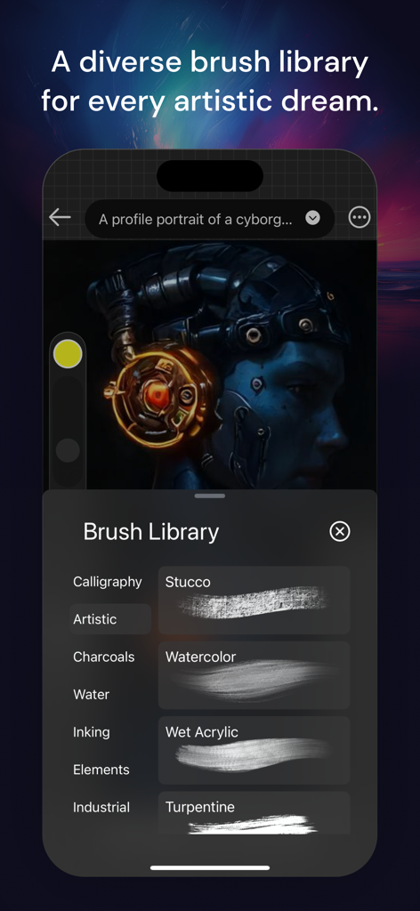 Muse Pro - Muse Pro app brush library menu showing various artistic painting tools over a cyborg portrait