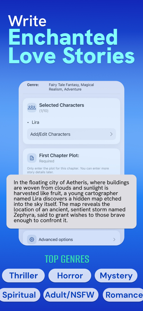 Author AI: Book Creator - Interfaz de la aplicación Author AI que muestra la generación de tramas para una historia encantada y una lista de géneros de libros.