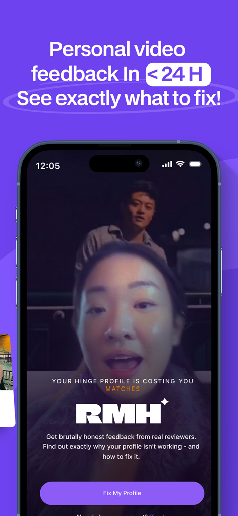 Review My Hinge - Review My Hinge app screen showing a woman providing video feedback on a dating profile with a 24 hour turnaround time.