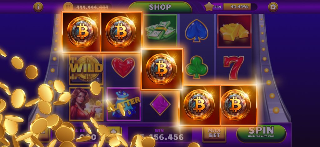 Mobile slot machine game screen with glowing symbols and falling gold coins