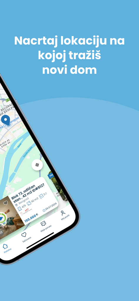 Aplicación Halo Oglasi mostrando una búsqueda de bienes raíces en un mapa en Belgrado, Serbia.