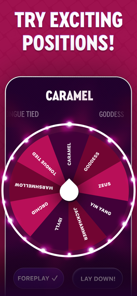 Schermata dell'app mobile che mostra una funzione a ruota girevole per selezionare posizioni intime come Caramello e Dea