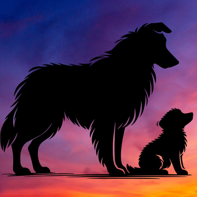 silhouette of a shepherd with his still and baby dog