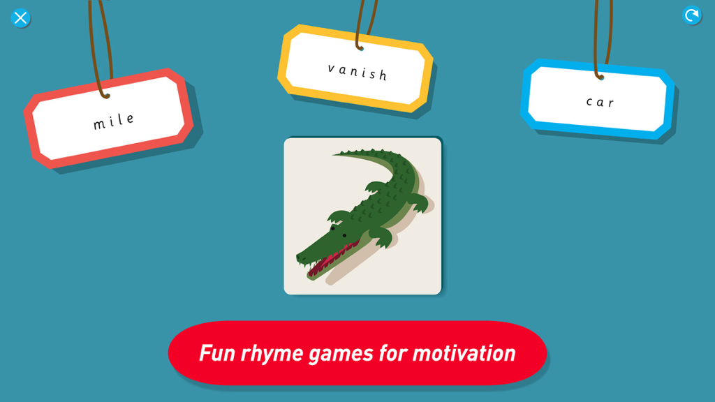 Interface de jogo de rima educacional com uma ilustração de crocodilo e rótulos de palavras pendurados para mile, vanish e car