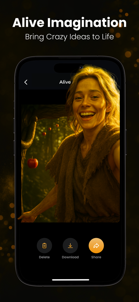 AI Video Generator Serda - Interface of AI Video Generator Serda showing an animated video of a woman in a magical forest with a headline that says Alive Imagination