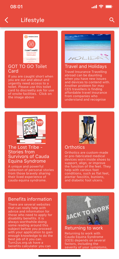 CaudaEquina - Lifestyle resource screen in the Cauda Equina app showing information on travel, orthotics, and returning to work.