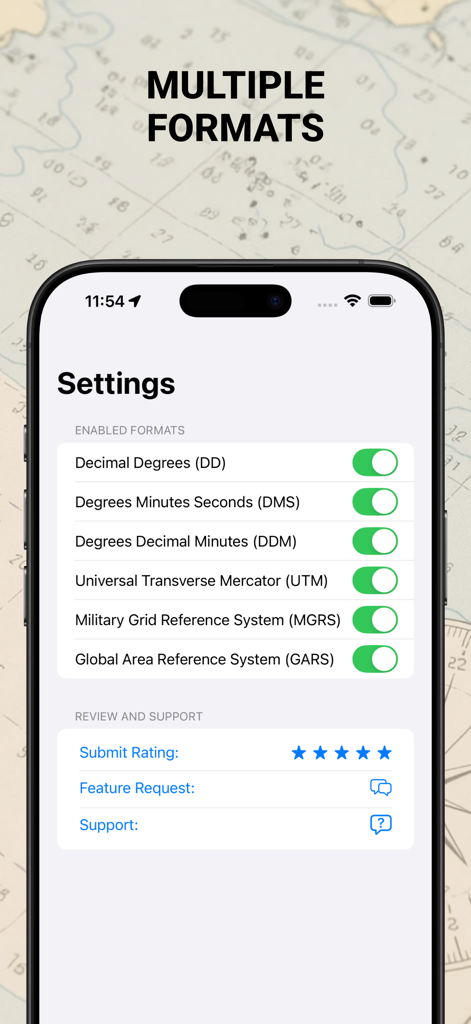 Coordinate Converter - MyGPSC - Settings screen of MyGPSC app showing multiple coordinate format toggles including UTM and MGRS.