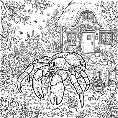 Immerse yourself in the whimsical world of Cottagecore with this unique coloring page featuring a magnificent coconut crab. This delightful scene offers a perfect blend of nature's marvels and cozy pastoral charm for your artistic enjoyment.