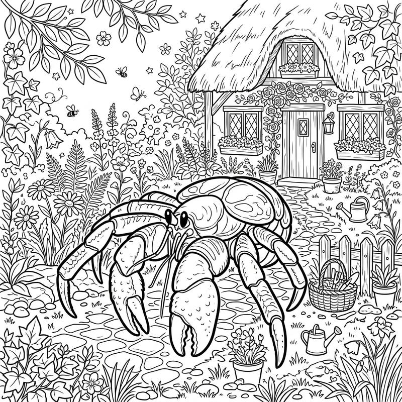 Immerse yourself in the whimsical world of Cottagecore with this unique coloring page featuring a magnificent coconut crab. This delightful scene offers a perfect blend of nature's marvels and cozy pastoral charm for your artistic enjoyment.