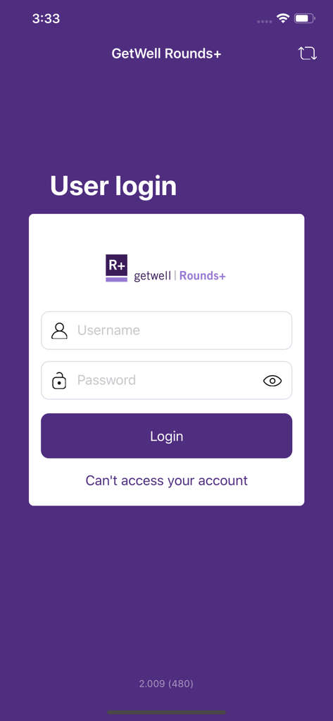 User login screen for the GetWell Rounds plus medical app