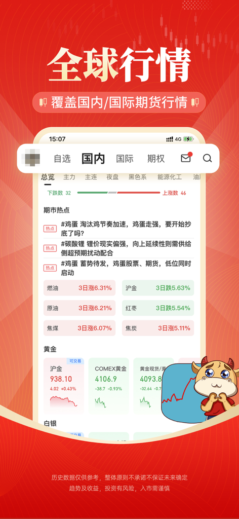 Mobile interface of the DZH Futures News app showing global commodity market trends and domestic futures prices in Chinese.