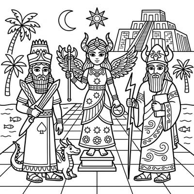 Embark on an epic journey to ancient Mesopotamia with this captivating coloring page designed especially for kids. Bring to life legendary deities like Ishtar, Enlil, and Marduk with your favorite colors and imagination.