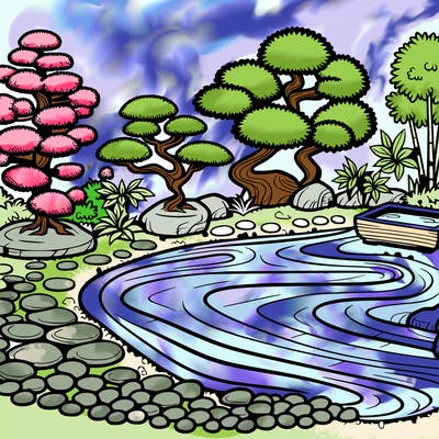 a serene zen garden with raked gravel, bonsai trees, and tranquil ponds