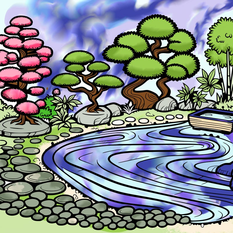 a serene zen garden with raked gravel, bonsai trees, and tranquil ponds