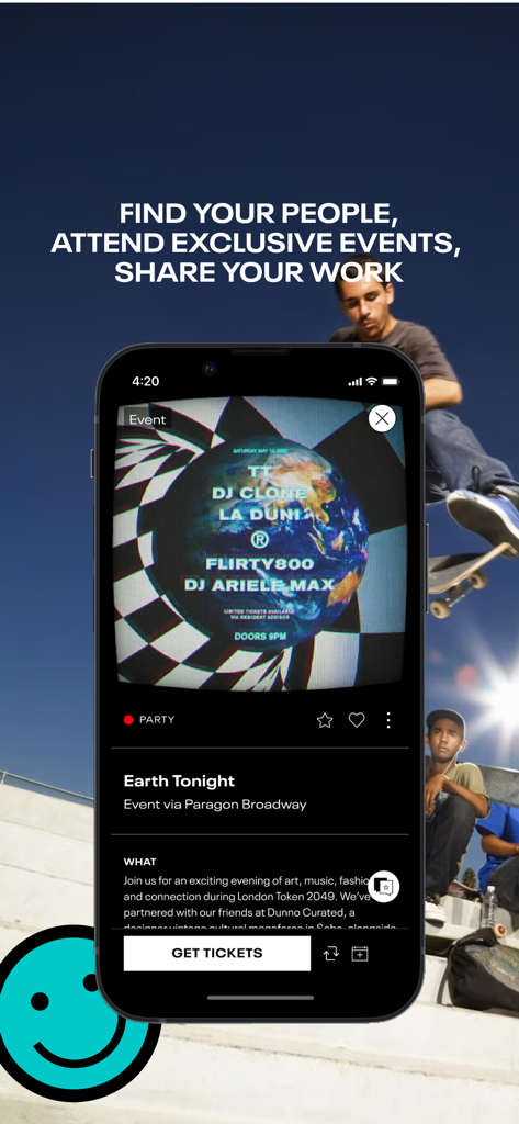 Playground - Interfaz de la aplicación Playground que muestra un listado de eventos exclusivos con un botón para conseguir entradas.